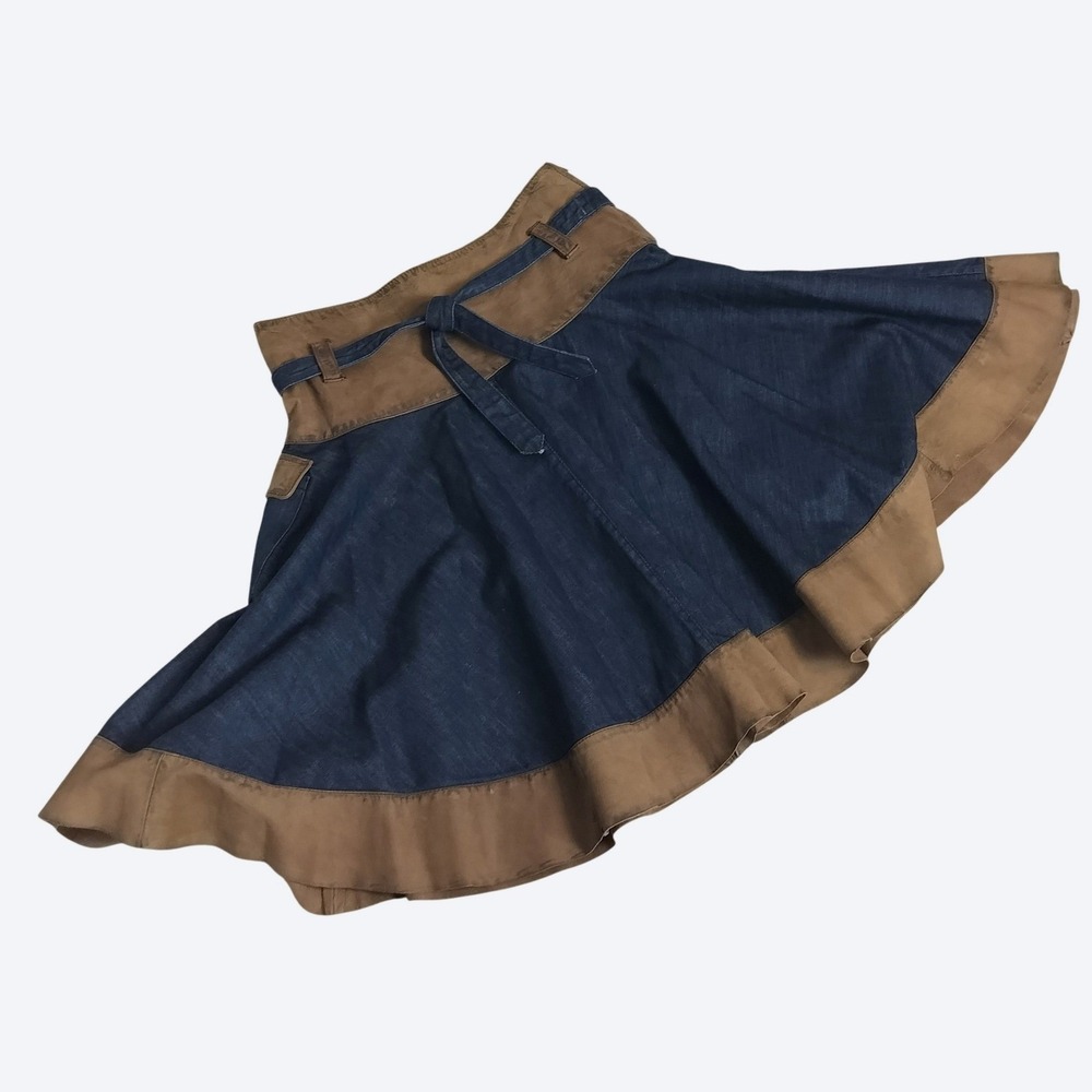 Alysi Leather Trim Denim Flared Circle Skirt Size XL Blue Brown Buckle Pocket
